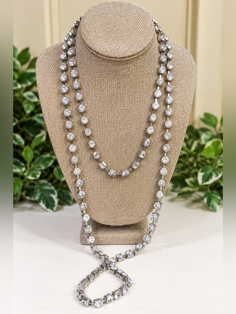 Long Clear Rhinestone Necklace Silver Tone 30” Statement Crystal Jewelry